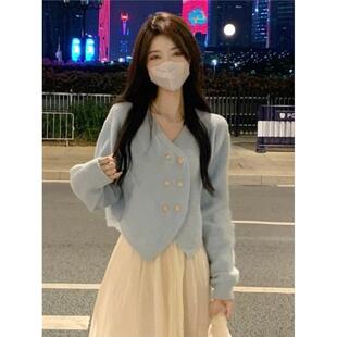 搭配半身纱裙的上毛衣女短款外套法式温柔设计不规则针织开衫秋冬