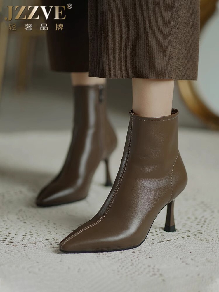 棕色高跟短靴女秋冬踝靴真皮羊皮软皮小跟白色尖头法式细跟瘦瘦靴