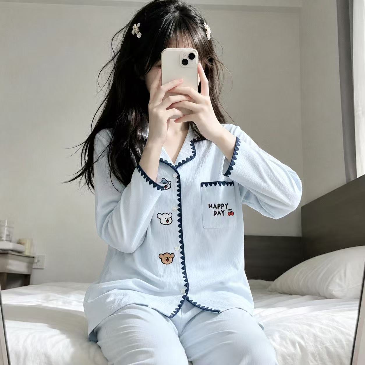 日系撞色云朵棉女睡衣套装小狗