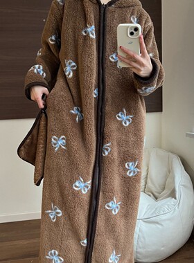 【实拍】鸿楠蓝丝带芭蕾小熊毛绒拉链睡衣加厚保暖家居服睡袍连帽