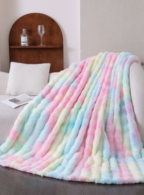 加厚保暖ins风扎染毛毯秋冬泡泡绒大兔毛扎染毛毯长毛绒沙发盖毯