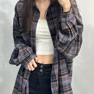 格纹衬衫女夏季2025新款韩系宽松懒惰风衬衣休闲长袖防晒上衣外套