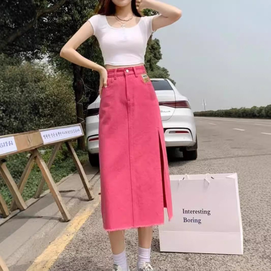 牛仔设计感半身裙小个子a字裙潮流夏季高腰显瘦网红包臀开叉中长,女装/女士精品,半身裙,淘宝优惠券,粉丝福利购,淘宝优惠卷