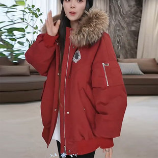 加厚韩版 新款 宽松貉子毛领白鸭绒外套潮 派克羽绒服女2025冬季 工装