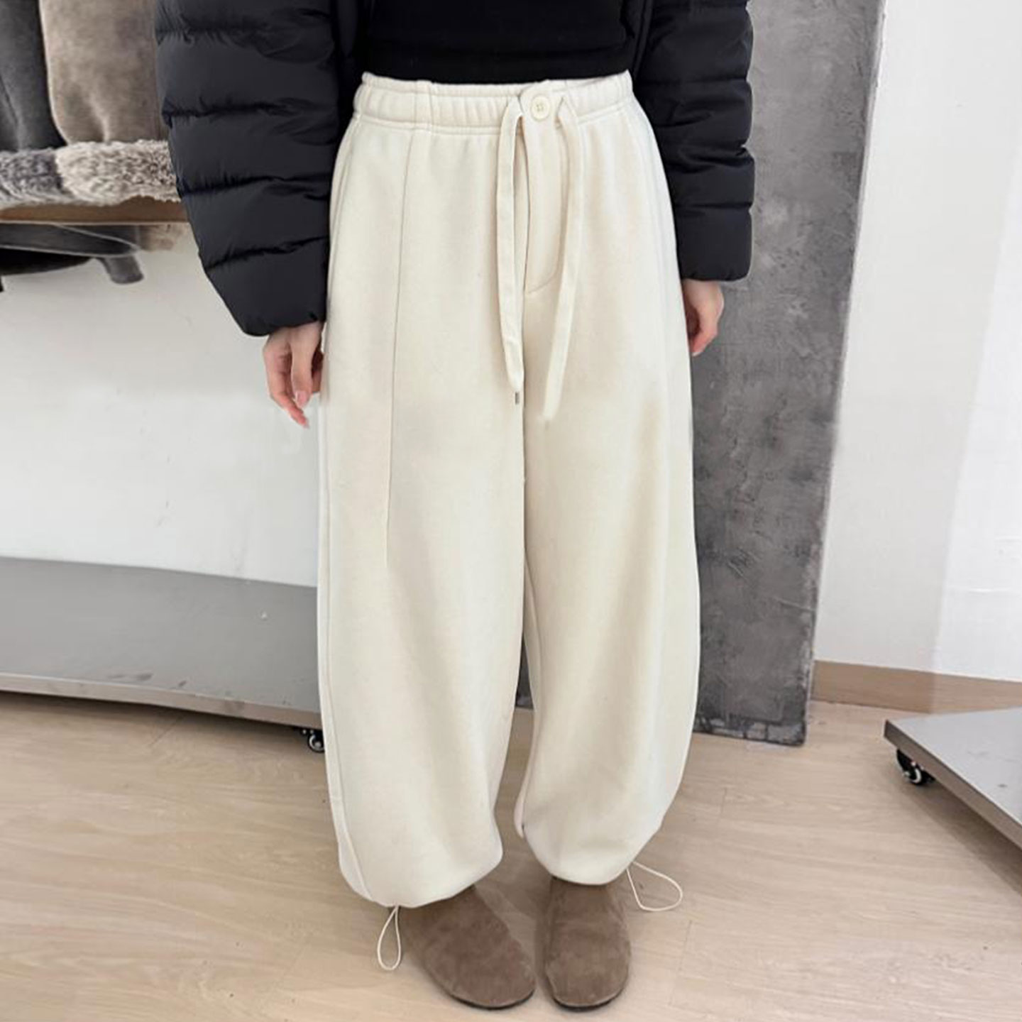 韩系高腰加绒卫裤女2025冬装一粒扣松紧腰直筒休闲裤抽绳长裤女潮