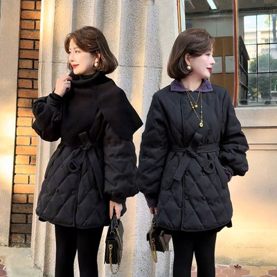 韩系披肩黑色菱格中长款羽绒服女2025新款轻薄白鸭绒绑带收腰外套