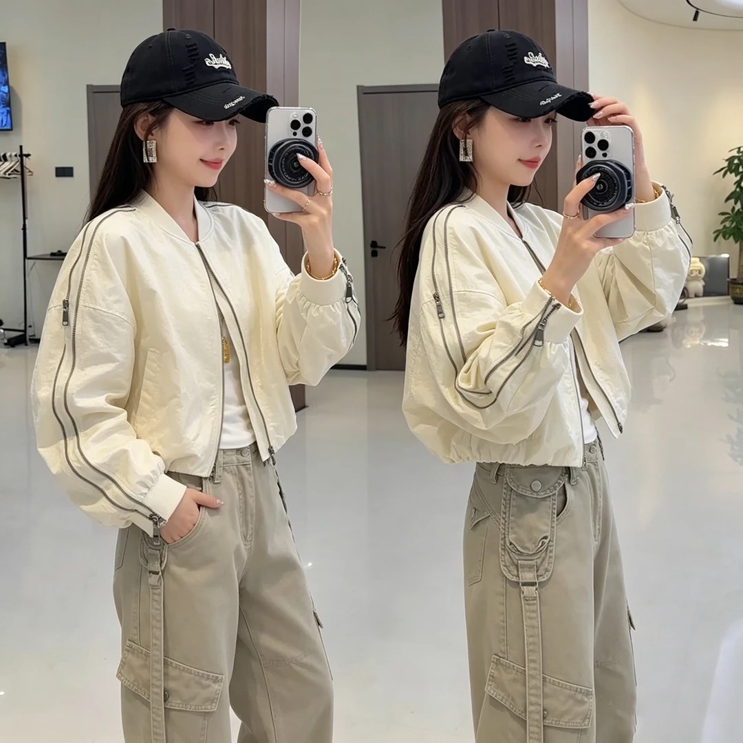短款外套女2026春装新款高端欧货阔版缝褶袖拉链拼接网红飞行夹克图片