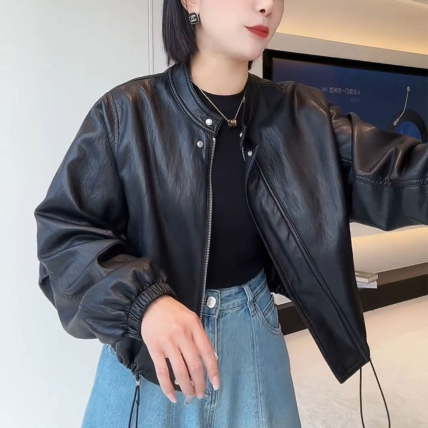 小个子皮衣短外套女2026春季新款复古时尚机车酷飒风立领夹克上衣图片