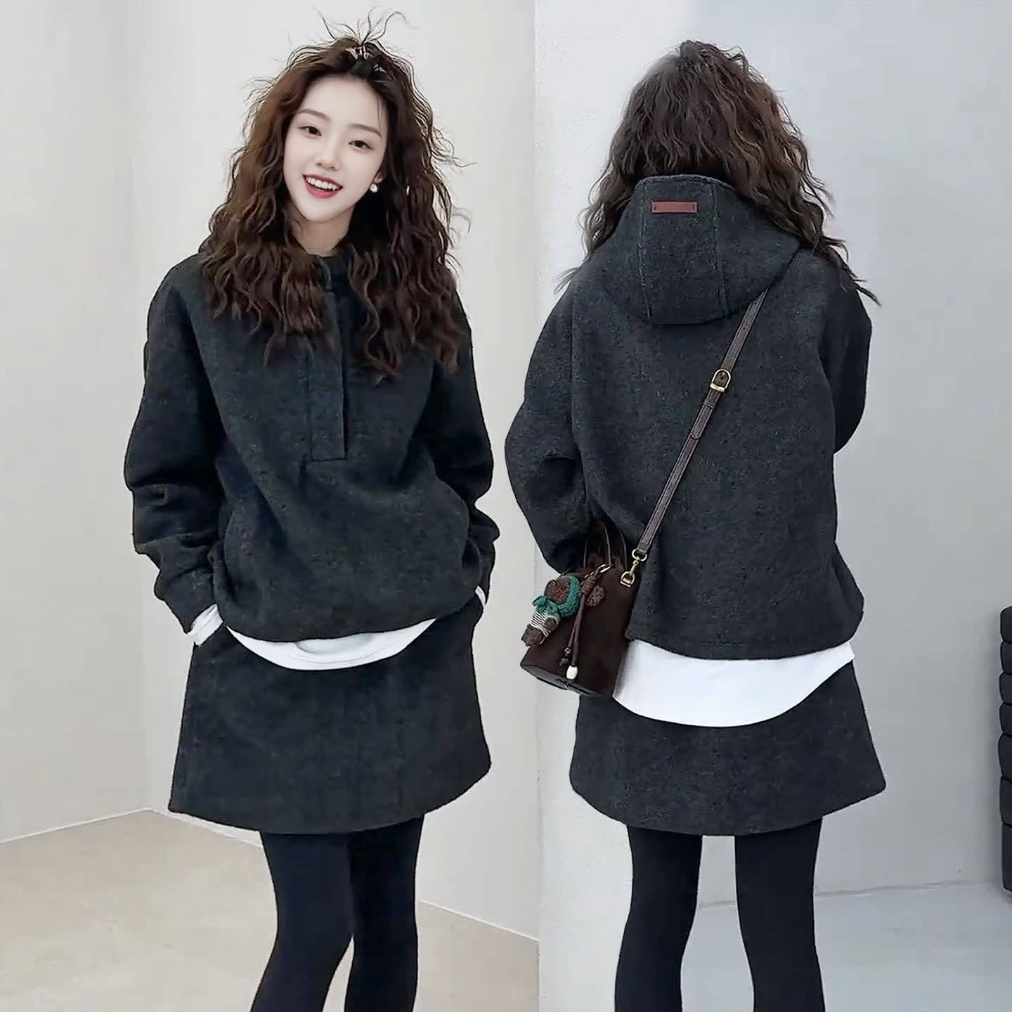 韩系时尚洋气减龄套装女2025初冬季连帽保暖毛呢卫衣半身裙两件套,女装/女士精品,时尚套装,淘宝优惠券,粉丝福利购,淘宝优惠卷