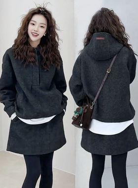 韩系时尚洋气减龄套装女2025初冬季连帽保暖毛呢卫衣半身裙两件套