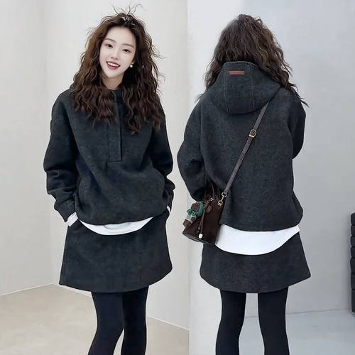 韩系时尚洋气减龄套装女2025初冬季连帽保暖毛呢卫衣半身裙两件套