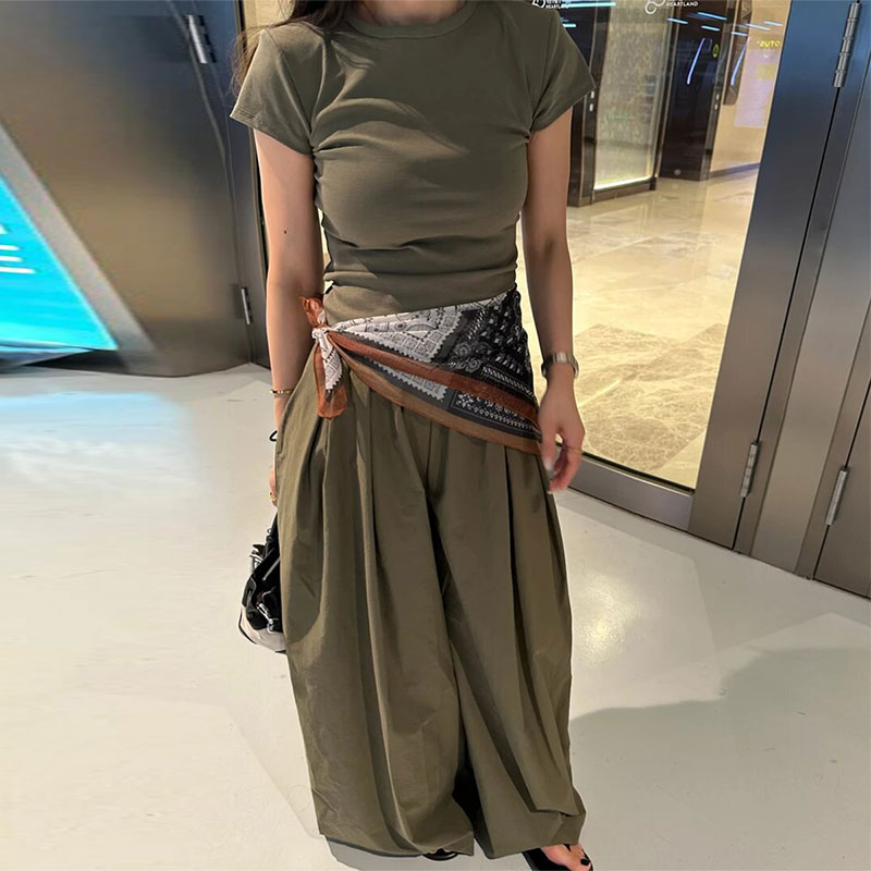 夏季新款配丝巾t恤工装裤套装女气质短袖上衣阔腿裤慵懒风套装潮