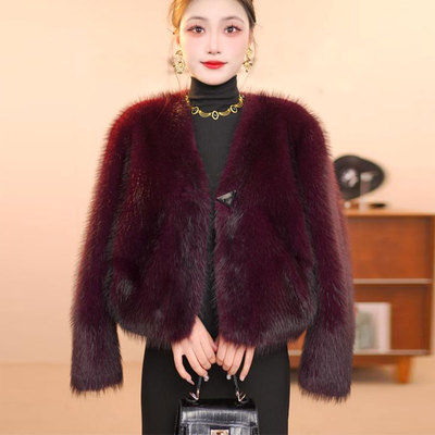 轻奢小香风短款环保皮草外套女秋冬洋气保暖仿水貂毛毛气质短外套