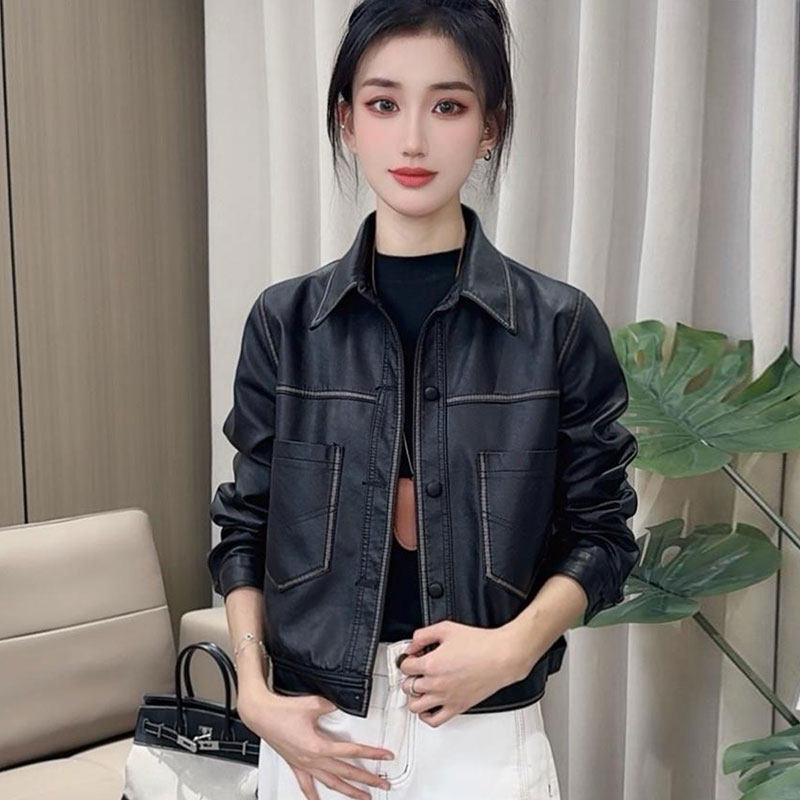 时尚洋气短外套PU皮衣女2025春装新款宽松显瘦翻领百搭机车夹克潮,女装/女士精品,皮衣,淘宝优惠券,粉丝福利购,淘宝优惠卷