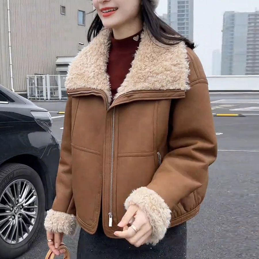 PU皮毛一体羊羔毛短外套女冬小个子2025新款加绒加厚皮夹克机车服,女装/女士精品,短外套,淘宝优惠券,粉丝福利购,淘宝优惠卷
