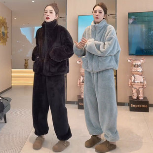 慵懒风双面绒加厚保暖家居服女2025冬季 立领可外穿睡衣两件套 新款