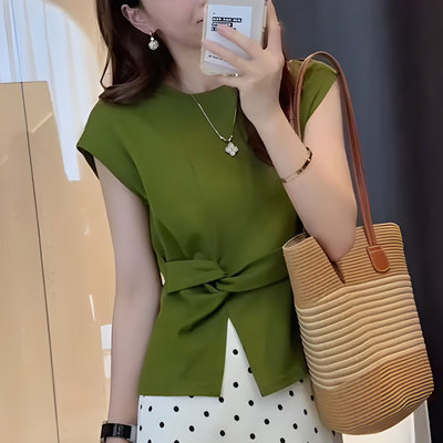 小飞袖开叉短袖女t恤2025新款爆款夏季漂亮个性设计感小众上衣女