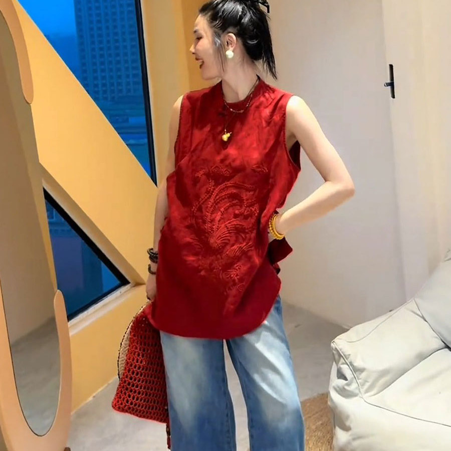 唐装中国风女装年轻款无袖上衣女夏季新中式气质复古红色刺绣马甲