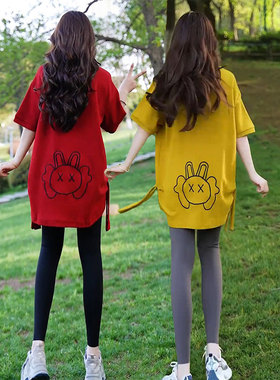 中长款T恤女2026春夏新款韩版后背卡通刺绣宽松短袖圆领百搭上衣