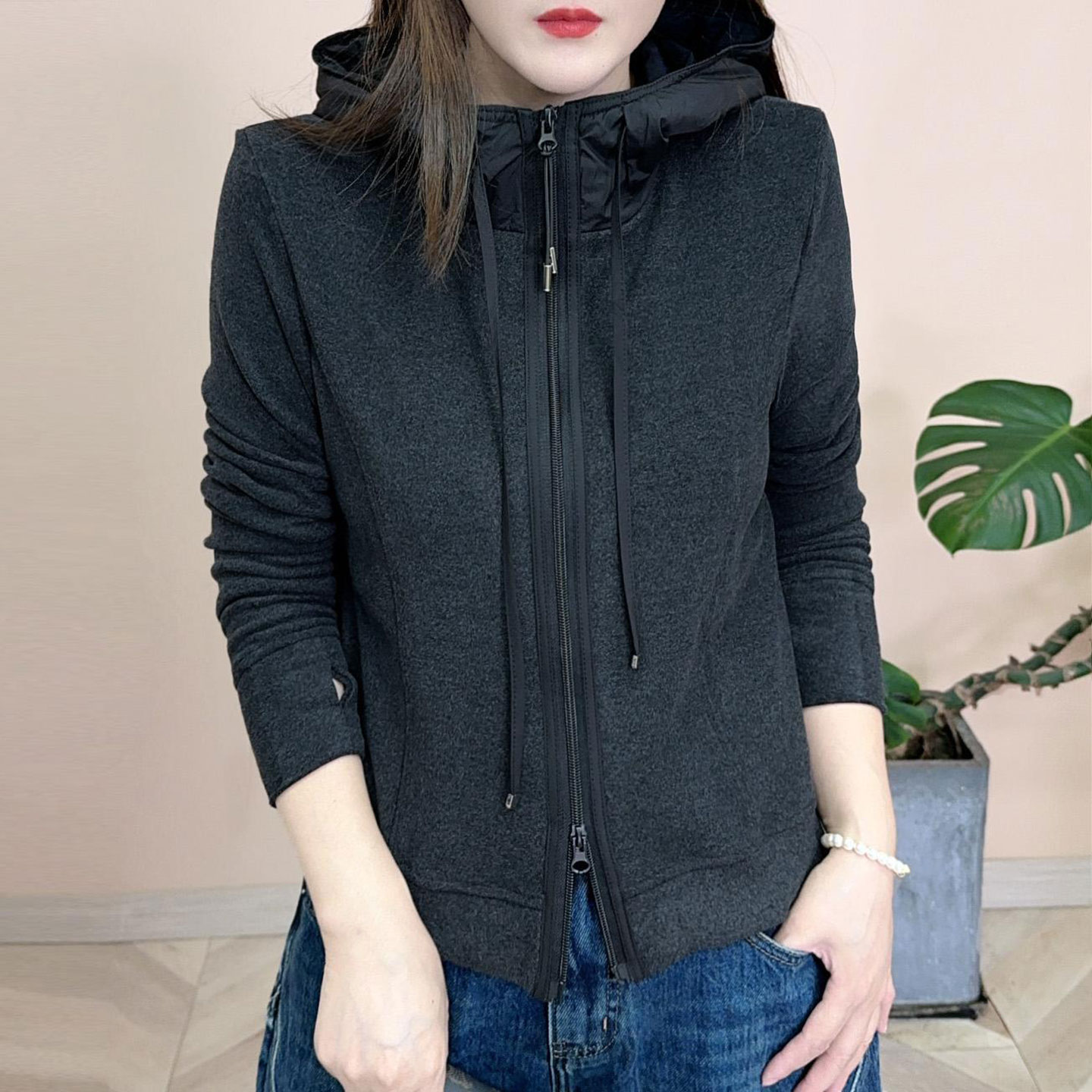 欧货保暖拉链卫衣假两件连帽德绒卫衣女冬2025新款女装加厚打底衫