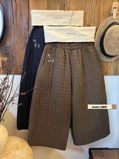 宽松百搭纯色棉裤 日系方块压棉九分阔腿裙裤 夹棉松紧腰冬季