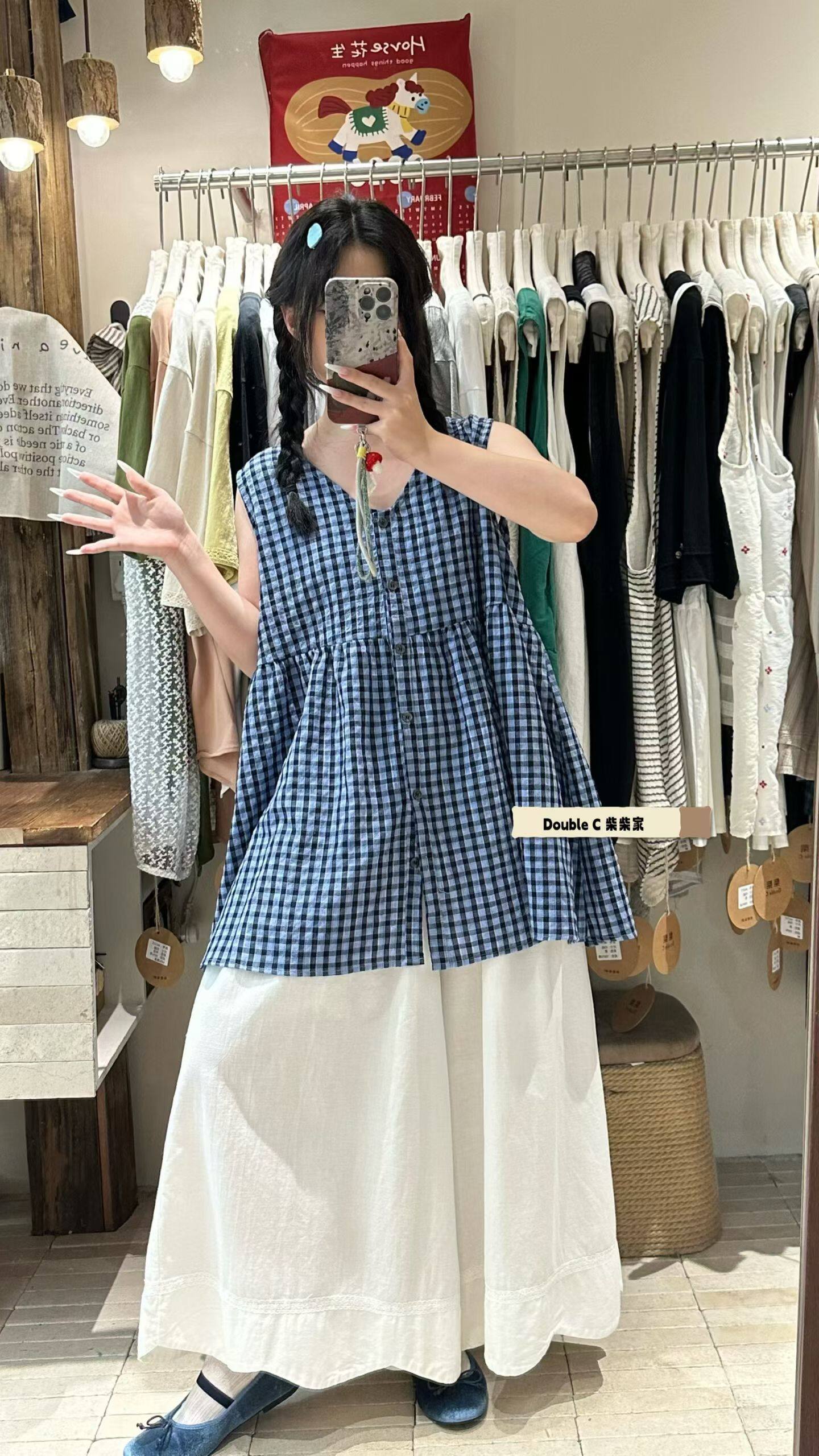 格子无袖背心裙女夏季 V领排扣娃娃款宽松内搭外穿上衣