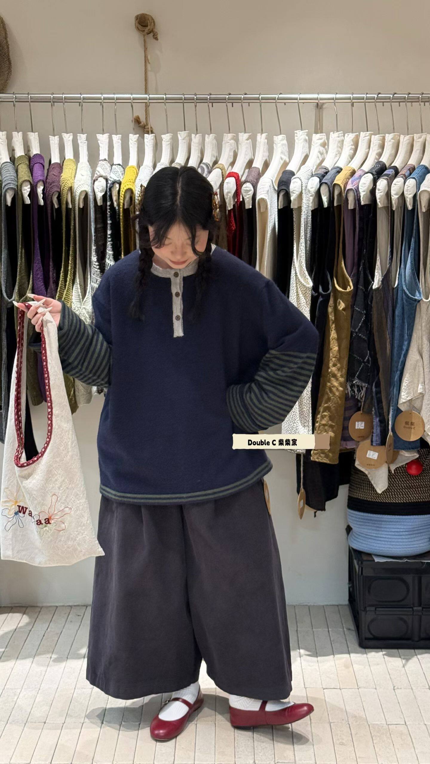 撞色亨利扣针织衫女复古条纹袖口拼接宽松显瘦休闲套头毛衣秋