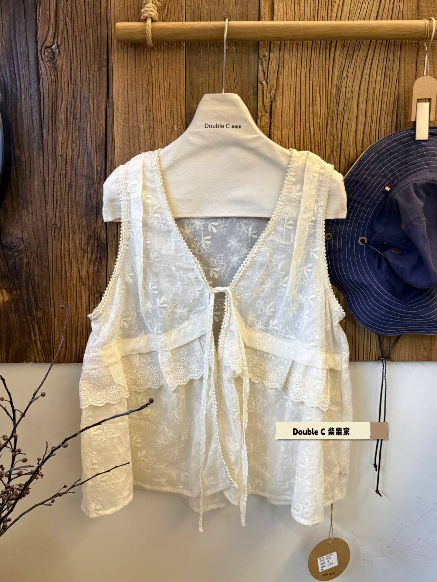 日系叠穿设计感小众春夏重工提花刺绣绑带带蕾丝马甲混搭外套