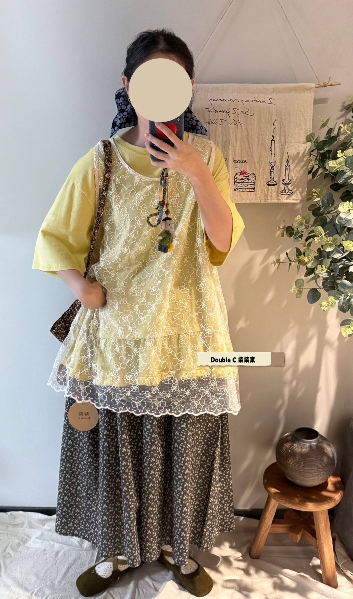 日系复古网纱蕾丝小花开叉叠穿背心裙