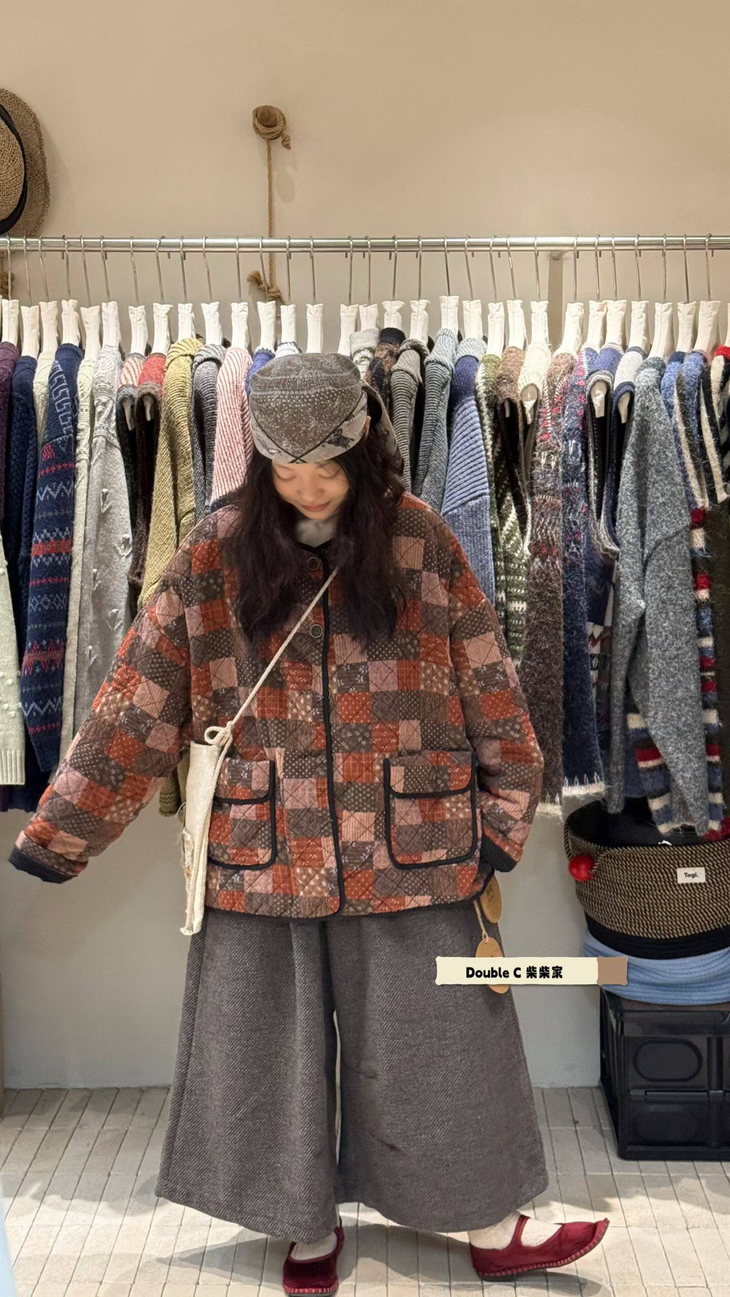 民族风拼色格纹棉服女冬季加厚夹棉宽松大口袋圆领外套