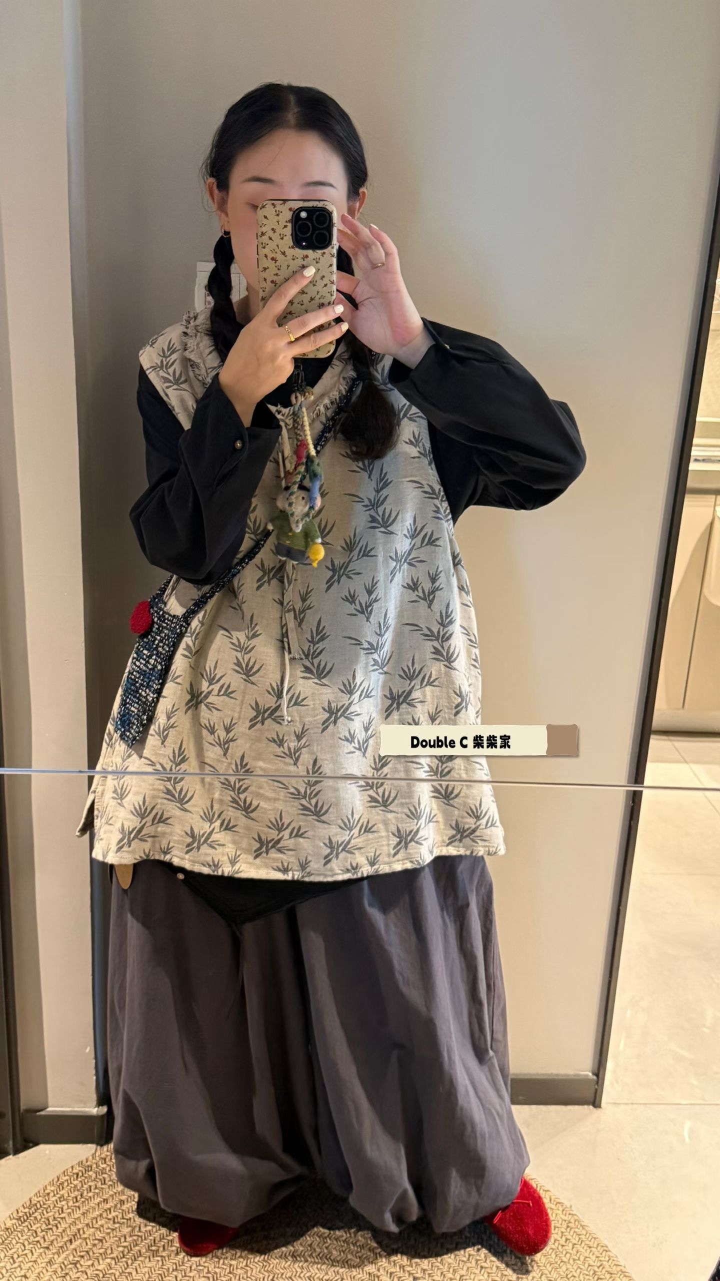 日系抽绳竹子印花棉麻背心马甲