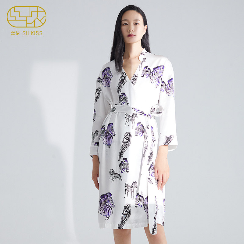 丝侬印花真丝睡衣女士睡袍立领斑马纹丝绸桑蚕丝家居服中长款外袍
