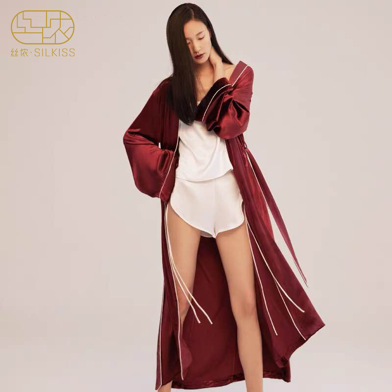 丝侬红色真丝丝绒睡袍长款晨袍