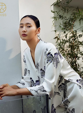 舒畅同款』丝侬真丝睡衣女士长袖v领水墨斑马桑蚕丝丝绸家居服冬