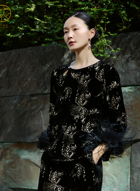 银杏咏』丝侬真丝丝绒睡衣女士黑色老钱风进口羽毛长袖家居服秋冬