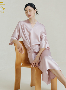 丝侬中式真丝睡裙女睡衣裙气质盘扣收腰V领桑蚕丝家居服樱花粉冬