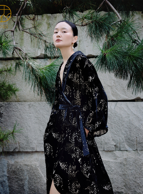 银杏咏I丝侬真丝丝绒睡袍女黑色老钱风睡衣毛毛袖家居服长袍秋冬