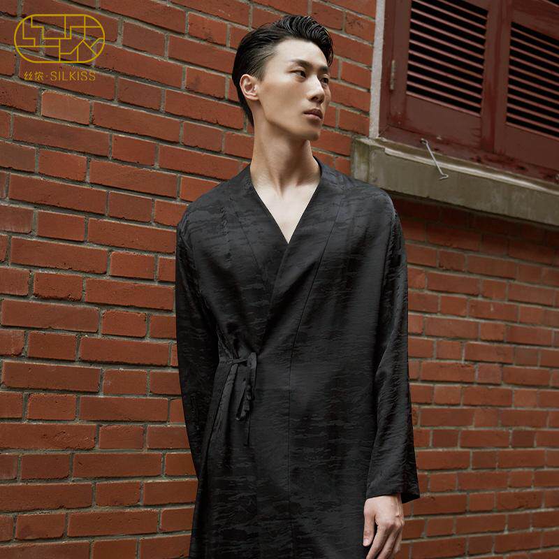 魏大勋同款』丝侬中式真丝睡袍男士长款黑色高端提花桑蚕丝家居服