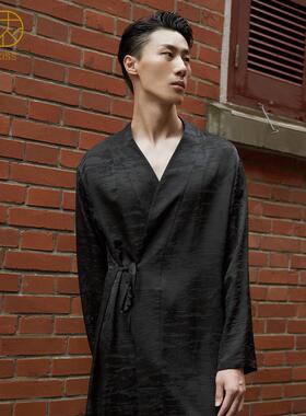 丝侬中式真丝睡袍男士长袖长款黑色斜襟高端提花桑蚕丝家居服袍子
