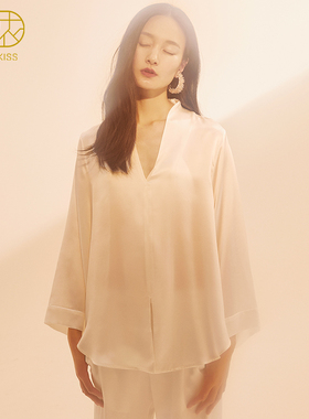 简姝』丝侬真丝睡衣女士V领下摆开叉 薄款桑蚕丝家居服上衣秋冬