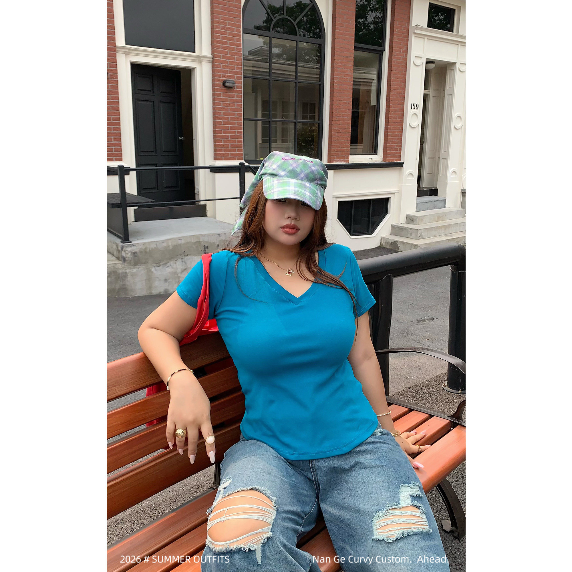 蓝色V领短袖修身显瘦T恤女