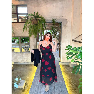 楠哥微胖复古收腰显瘦印花网纱连衣裙女春夏季新款大码胖mm吊带裙