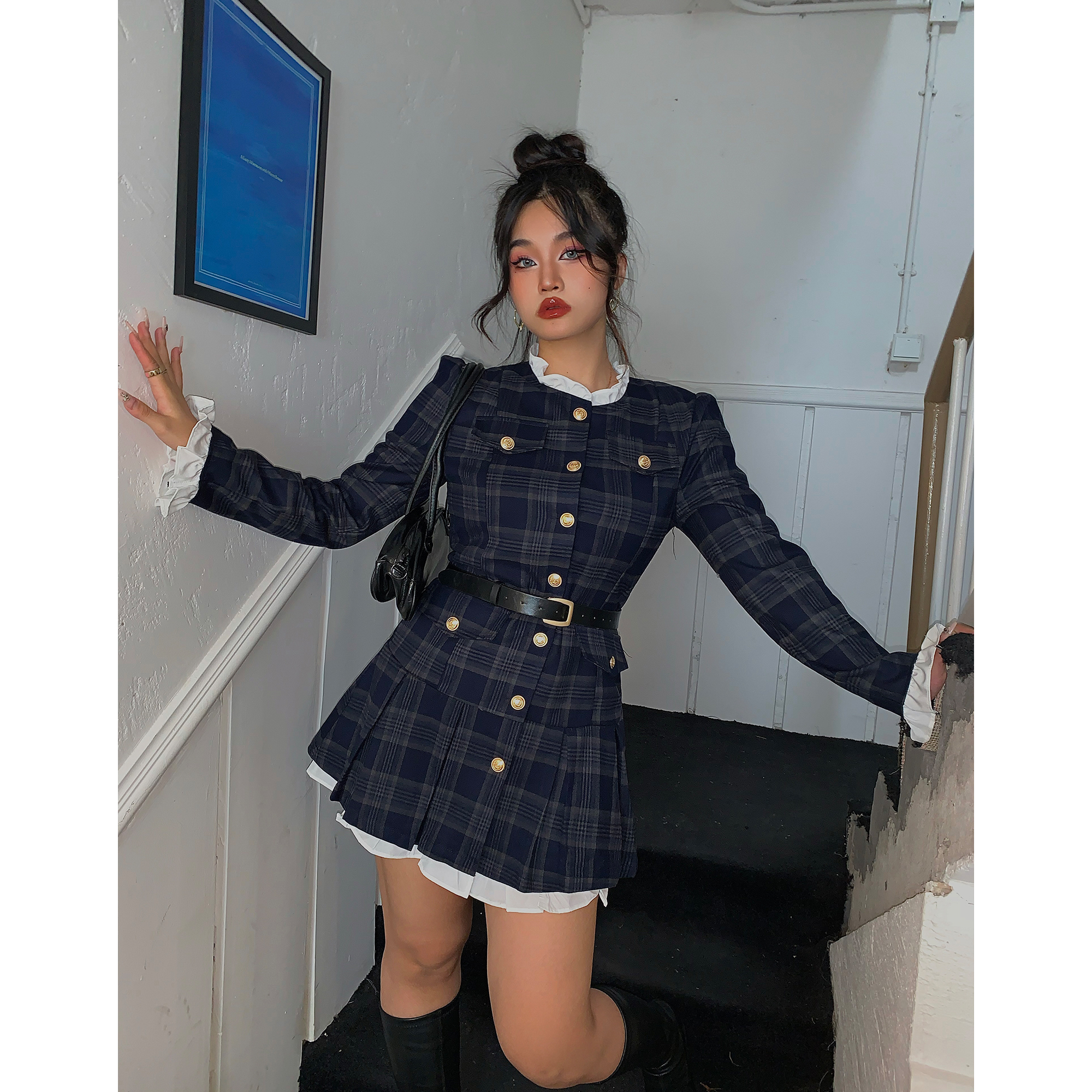 小香香A字其他格子连衣裙收腰