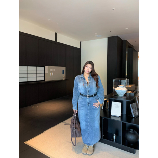 楠哥微胖mm复古街头长袖牛仔连衣裙女秋冬大码辣妹修身显瘦长裙子