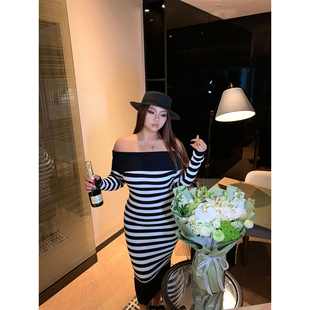 楠哥微胖mm辣妹性感针织连衣裙女秋冬大码收腰显瘦内搭条纹包臀裙