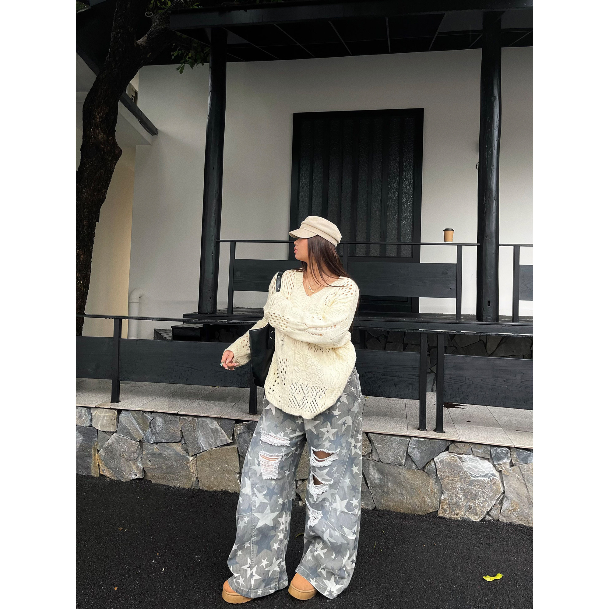 楠哥微胖mm辣妹复古迷彩破洞牛仔裤女大码街头宽松显瘦百搭阔腿裤