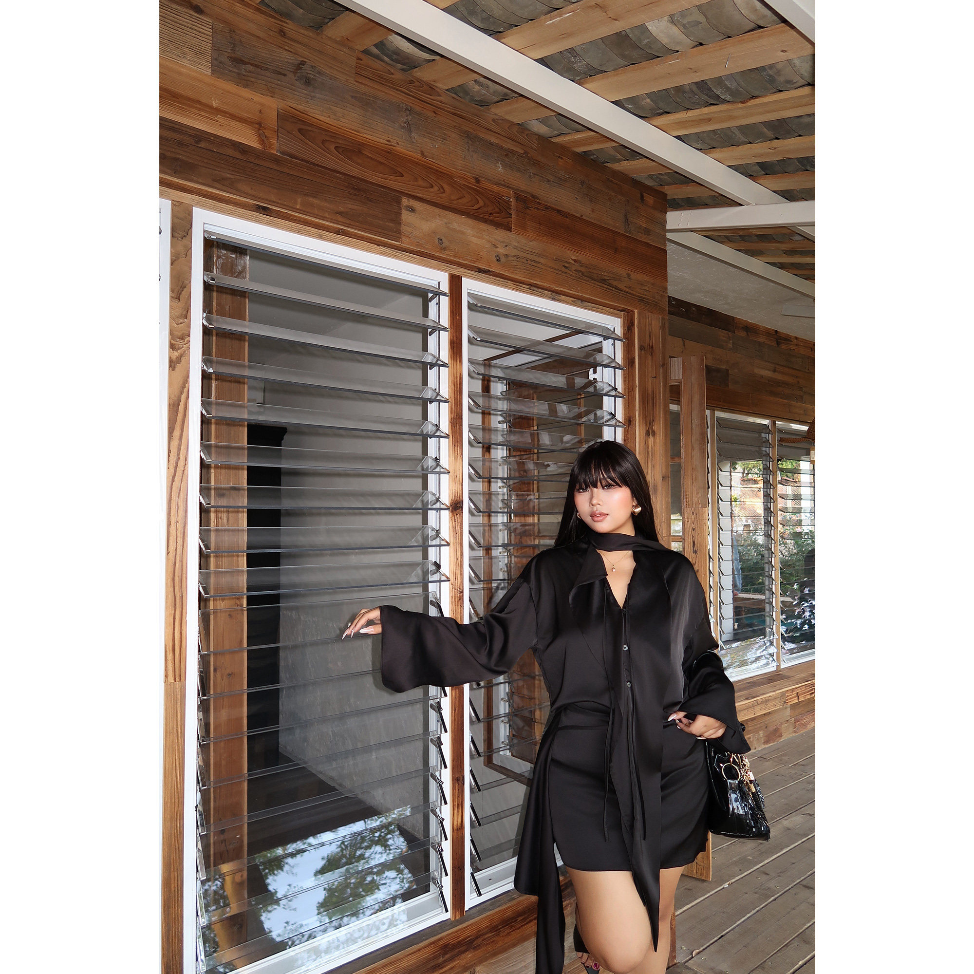 楠哥微胖复古黑色时尚高级感套装女夏大码荷叶边防晒长袖衬衫显瘦