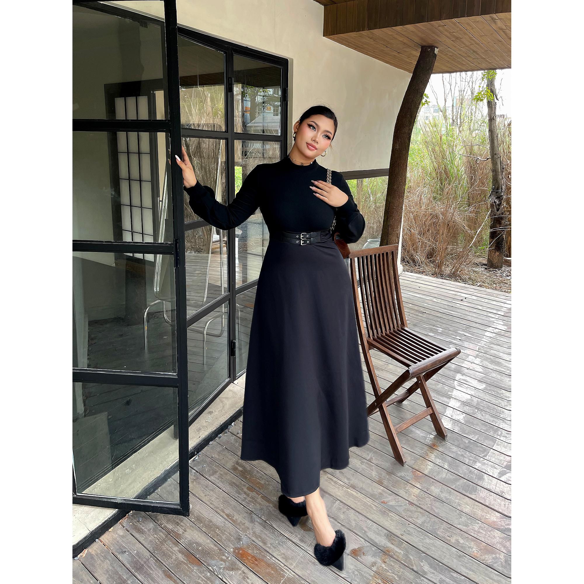 辣妹长裙聚酯纯色腰带收腰裙