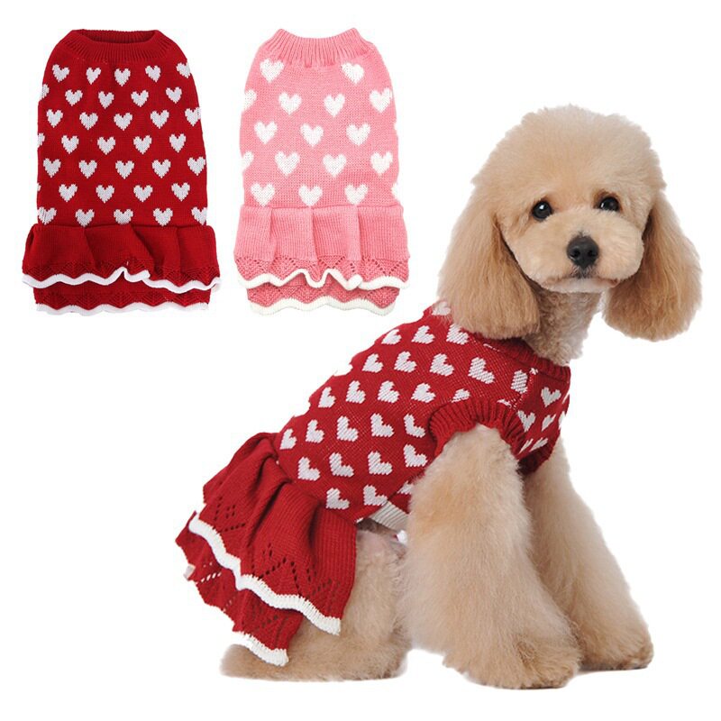 秋冬保暖红色粉色爱心狗衣服毛衣裙子节日圣诞新年宠物衣服批发
