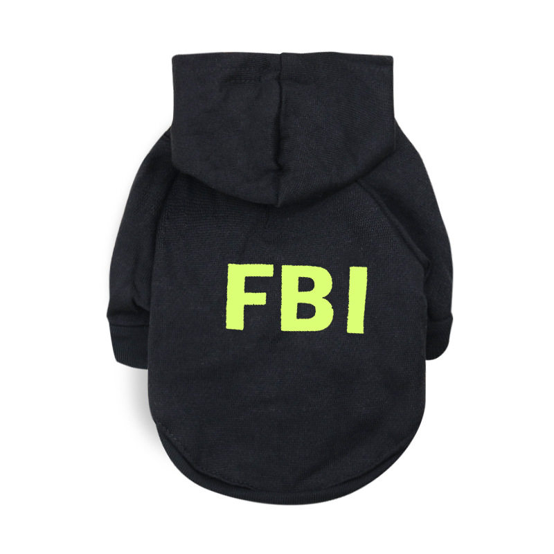 工厂宠物用品狗狗衣服抓绒布黑色印荧光FBI宠物卫衣批发泰迪冬款